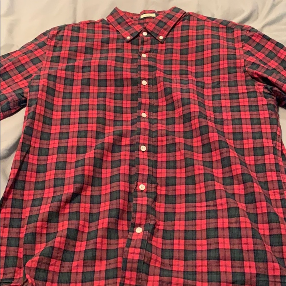 Green and red plaid j crew button down